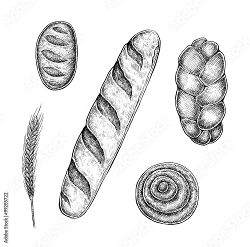 Collection of hand drawn ink bakery sketches