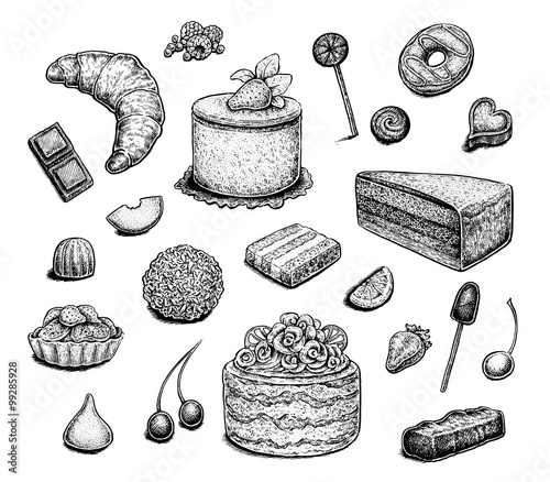 Collection of hand drawn ink desserts.