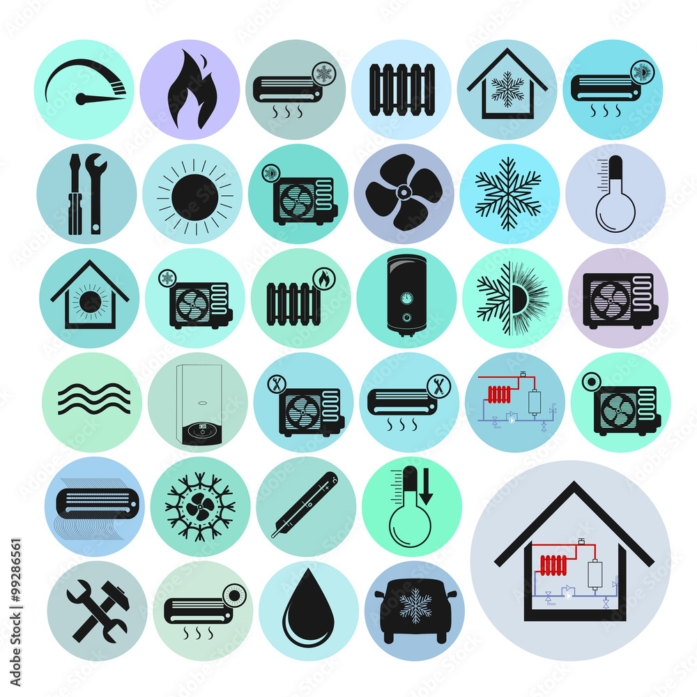 Heating and Air conditioning set vector icons.