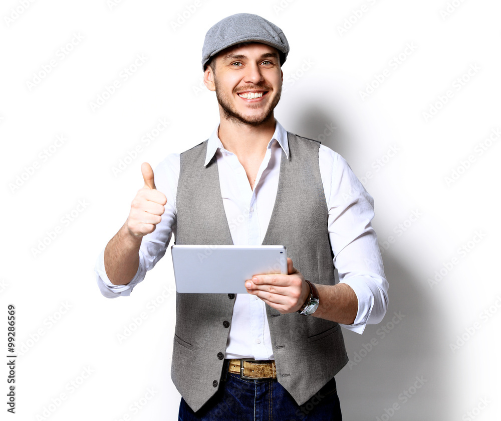 Happy Young Man Using Digital Tablet Isolated On White Background