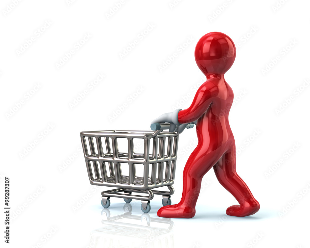 Red man pushing an empty shopping cart Red man pushing an empty shopping cart