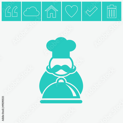 Chef with tray of food vector icon.