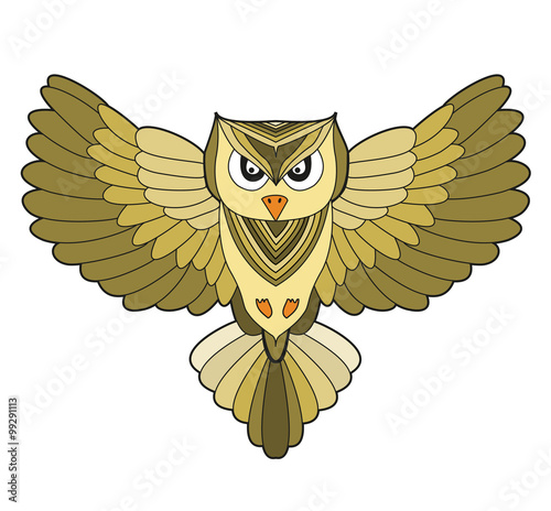 Flying owl vector isolated on white, civetta con ali aperte vettoriale isolata su sfondo bianco