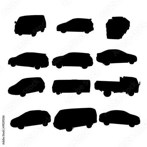 Set of silhouettes of cars, buses, minibuses, trucks. Black transport on a white background.