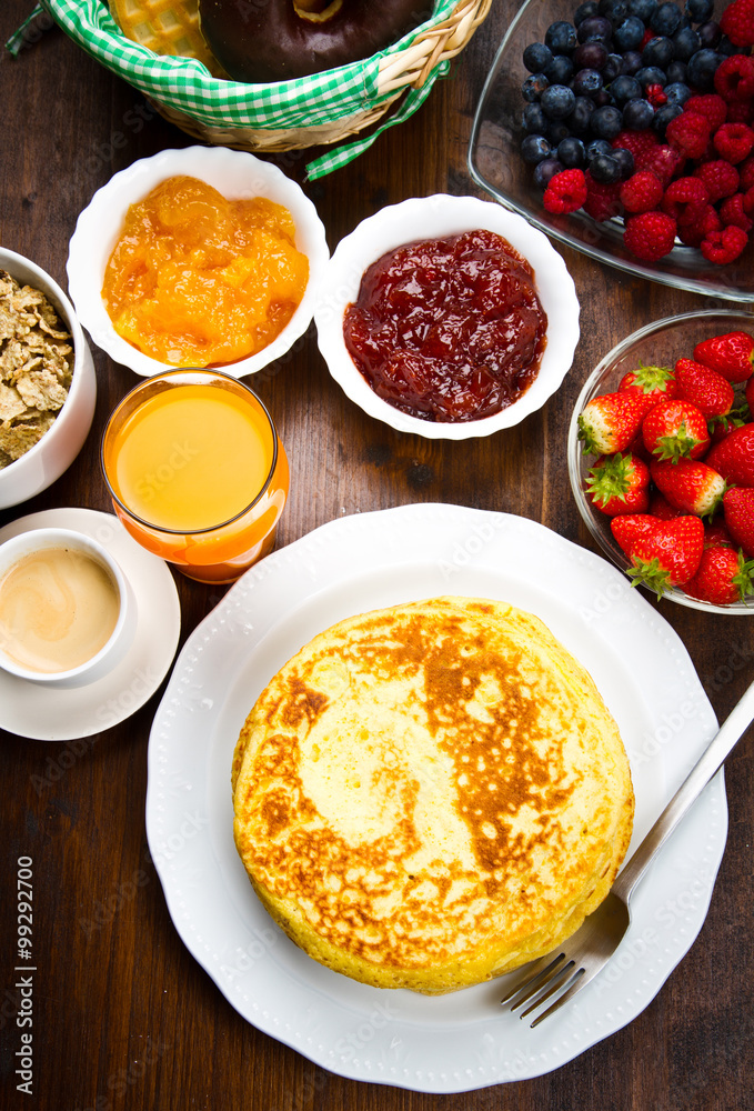 delicious pancakes on wooden table with fruits delicious pancakes on wooden table with fruits
