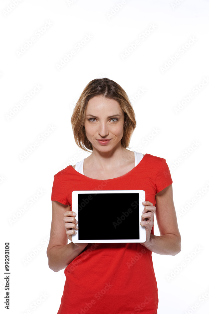 Young modern woman presenting a tablet - isolated on white Young modern woman presenting a tablet - isolated on white