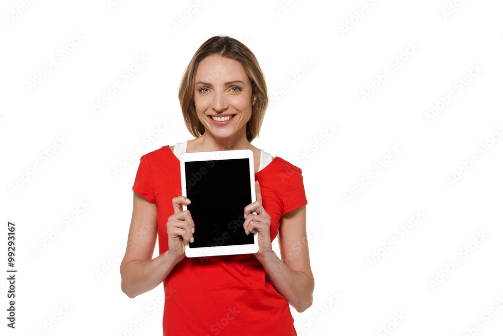 Young modern woman presenting a tablet - isolated on white Young modern woman presenting a tablet - isolated on white