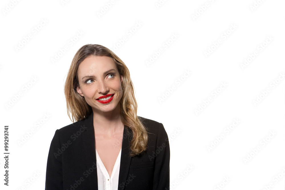 attractive corporate woman looking up - isolated - copy space attractive corporate woman looking up - isolated - copy space