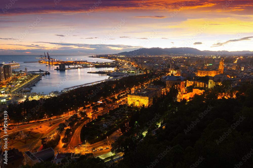 Malaga with Port from castle in evening
