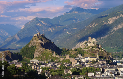 Castles Valere and Tourbillon, Sion, Switzerland in the evening light photo
