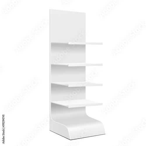 White POS POI Cardboard Blank Empty Displays With Shelves Products On White Background Isolated. Ready For Your Design. Product Packing. Vector EPS10 