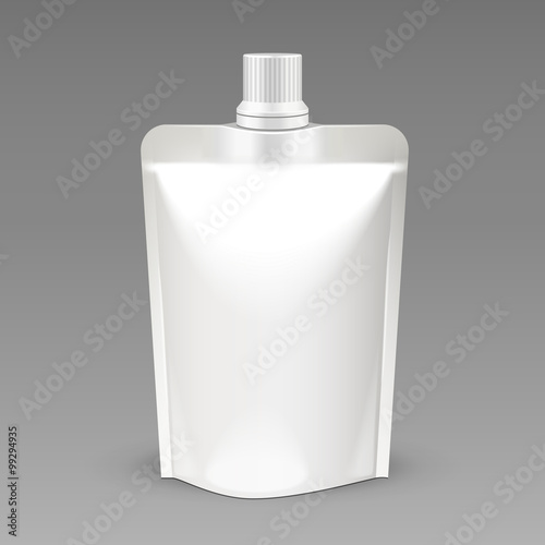White Blank pack, Foil Food Or Drink Bag Packaging With Spout Lid. Plastic Pack Template Ready For Your Design. Vector EPS10