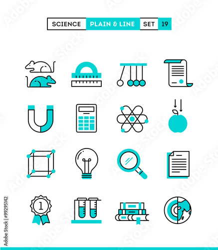 Science, experiments, laboratory, studies and more. Plain and line icons set, flat design, vector illustration