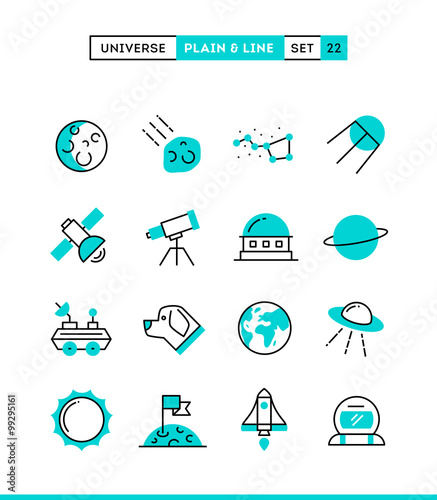 Universe, celestial bodies, rocket launching, astronomy and more. Plain and line icons set, flat design, vector illustration