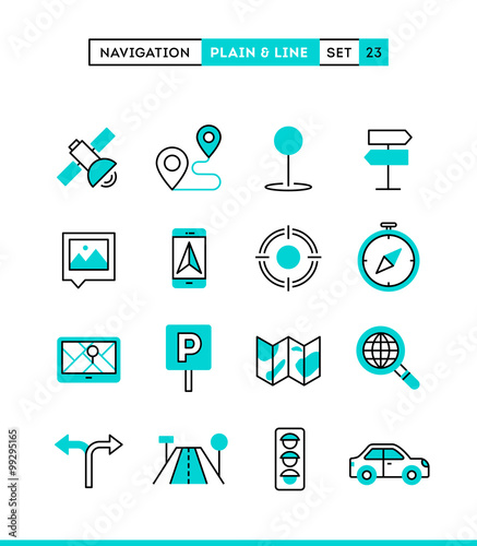 Navigation, direction, maps, traffic and more. Plain and line icons set, flat design, vector illustration