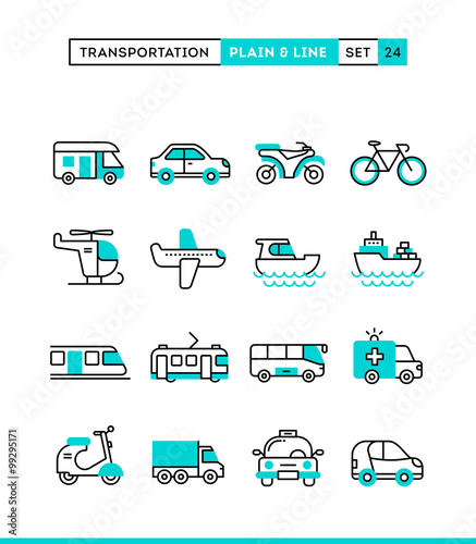 Transportation. Plain and line icons set, flat design
