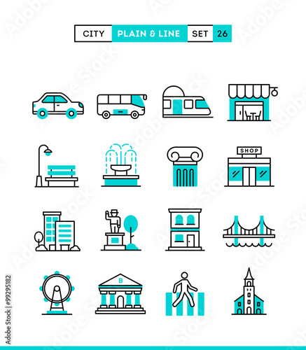 City, transportation, culture, shopping and more. Plain and line icons set, flat design, vector illustration