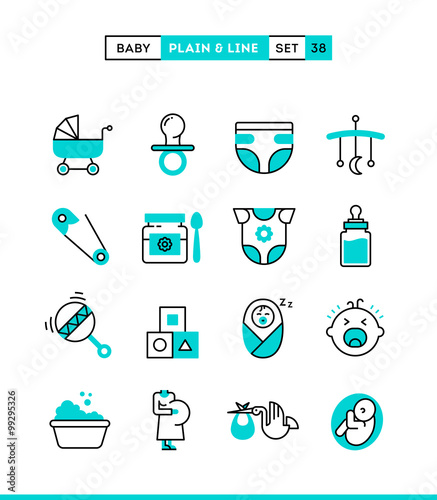 Baby, pregnancy, birth, toys and more. Plain and line icons set, flat design, vector illustration