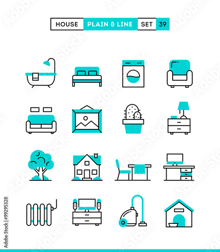 Home, interior, furniture and more. Plain and line icons set, flat design, vector illustration