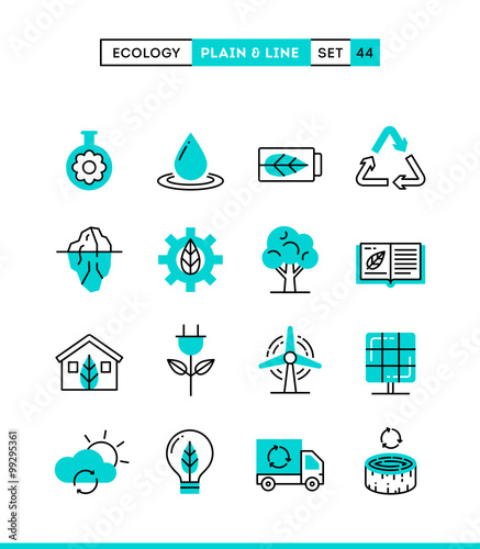 Ecology, nature, clean energy, recycling and more. Plain and line icons set, flat design, vector illustration