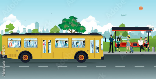 The yellow bus was parked up passengers at bus stops.