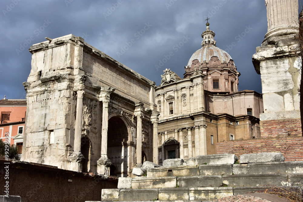 Arch of Septimius Severus with Saint Luca and Martina Church in Rome