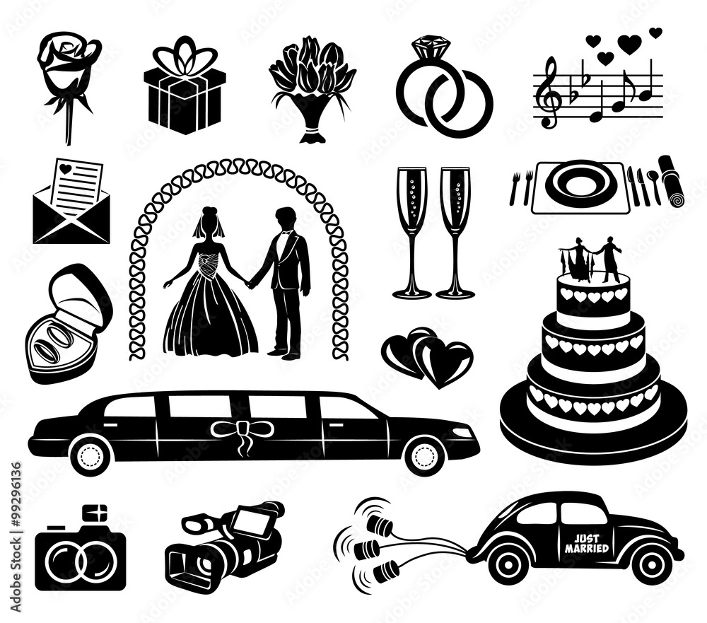 Wedding black simple icons set Stock Vector | Adobe Stock