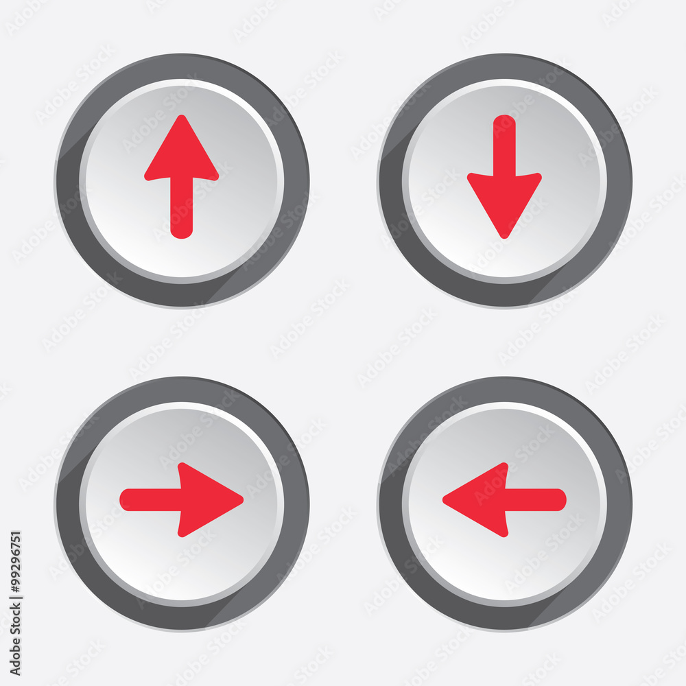 Arrow, pointer, flag icon set. Move cursor sign, guide symbol. Red silhouette on circle grey button. Vector isolated Arrow, pointer, flag icon set. Move cursor sign, guide symbol. Red silhouette on circle grey button. Vector isolated