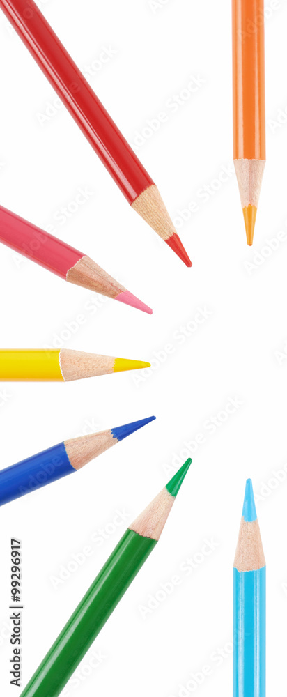 Colored pencils arranged in a circle. Objects isolated on a white background without shadows. Colored pencils arranged in a circle. Objects isolated on a white background without shadows.