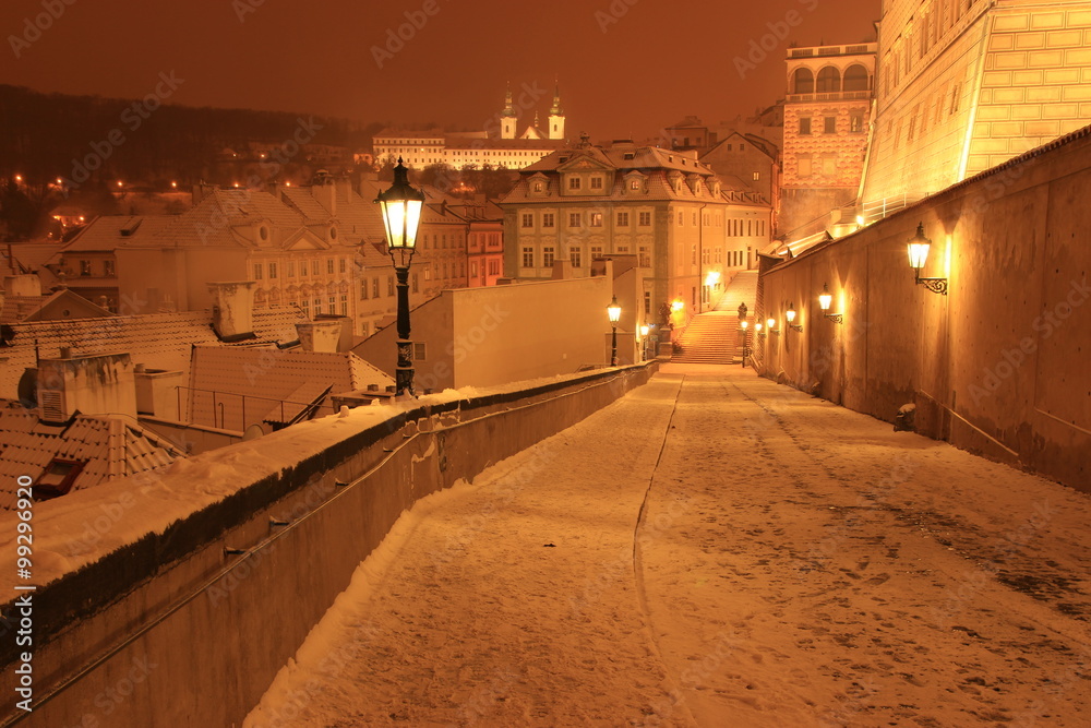 Snow evening  in winter Prague, Czech Republic.