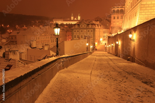 Snow evening  in winter Prague, Czech Republic.