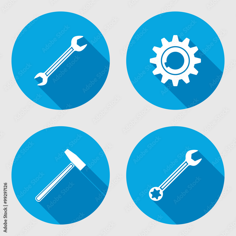 Screwdriver, hammer, wrench key icon, bolt nut, glue, oil-can. Repair fix tool symbol. Round circle flat icon with long shadow. Vector Screwdriver, hammer, wrench key icon, bolt nut, glue, oil-can. Repair fix tool symbol. Round circle flat icon with long shadow. Vector