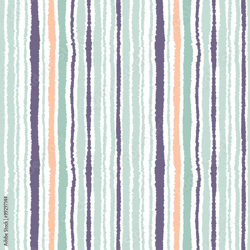 Seamless strip pattern. Vertical lines with torn paper effect. Shred edge background. Light and dark gray, olive, turquoise colors on white. Vector 