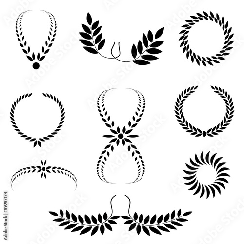 Laurel wreath tattoo set. Black ornaments, nine signs on white background.  Victory, peace, glory symbol. Vector