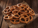 pile of salted pretzels in rustic setting