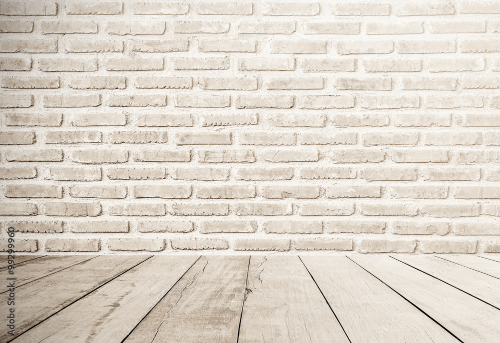Floor and wall Interior of white brick and white wooden floor sepia tones. Wall texture background. Old room wall. Wood planks stage. House interior design. Focus to table top in the foreground.