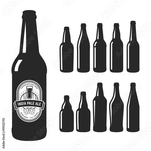 Vector craft beer silhouettes. Set of 10 various craft beer bottles. Different shapes and sizes. India pale ale label.