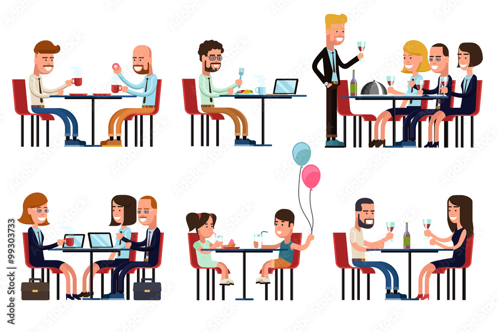 People eating and talking in restaurant or coffee shop. Flat style vector icons set