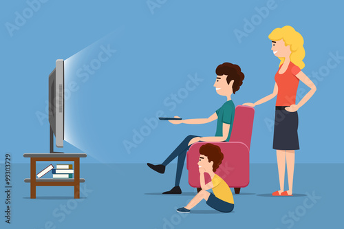 Family watching TV. Vector flat illustration