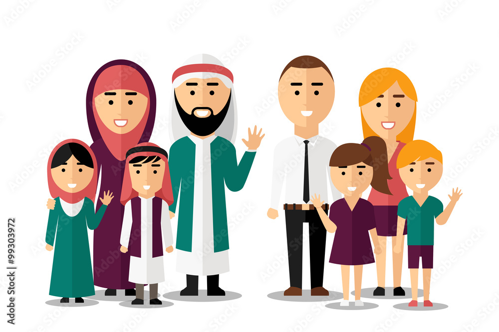 Arab and european happy families. Vector set of people characters