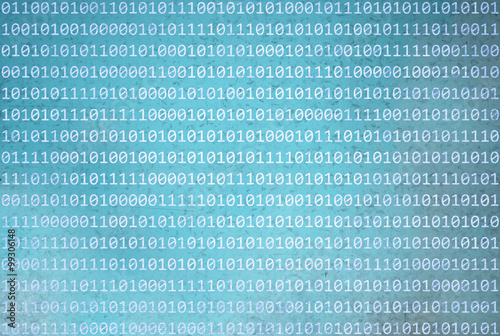 Obraz na plátne Grunge textured binary numbers code information on abstract grunge blurred cyan blue color background