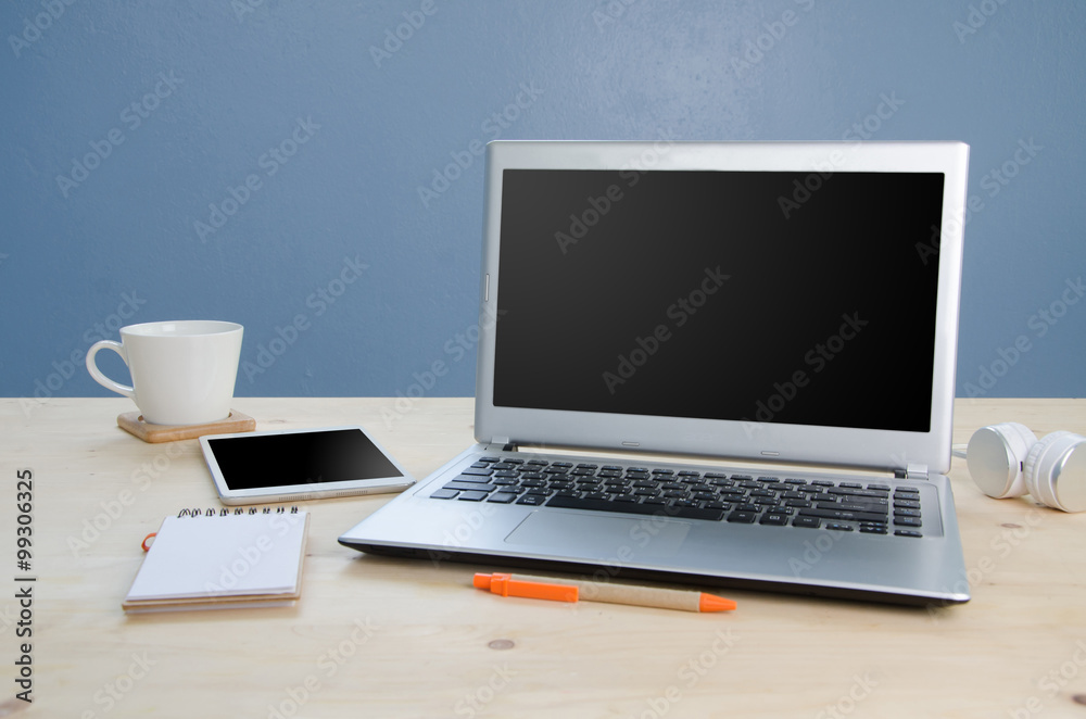 Office table with notepad, computer and equipment office. View f Office table with notepad, computer and equipment office. View f