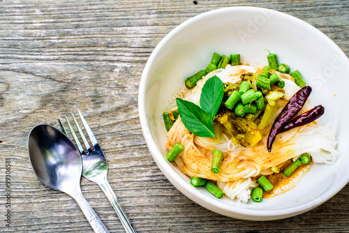 Thai rice vermicelli served with curry, copy space photo