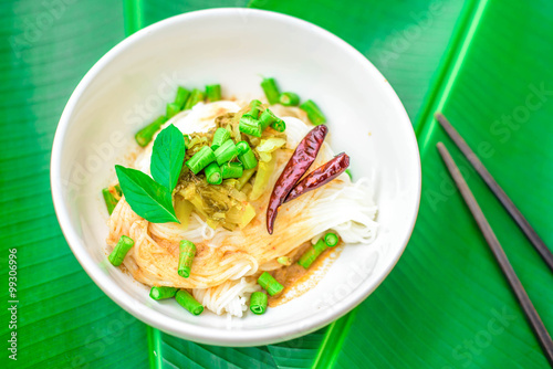 Thai rice vermicelli served with curry, copy space photo