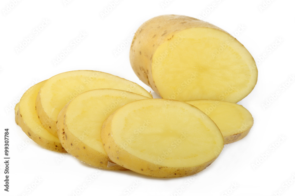 Fresh sliced potatoes on white background