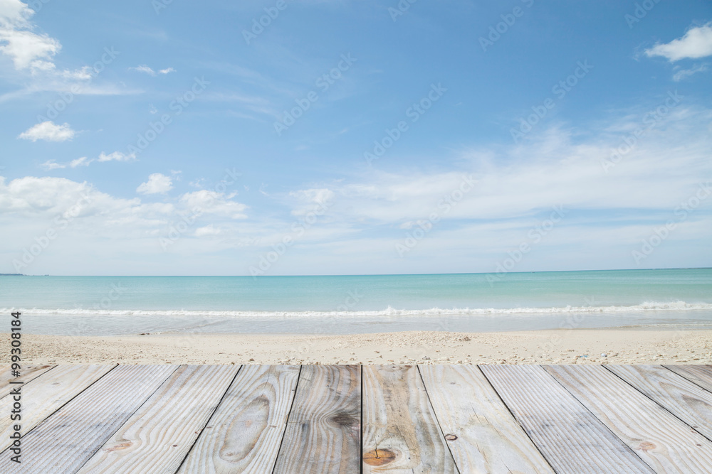 wooden floor with beautiful blue sky scenery for background.