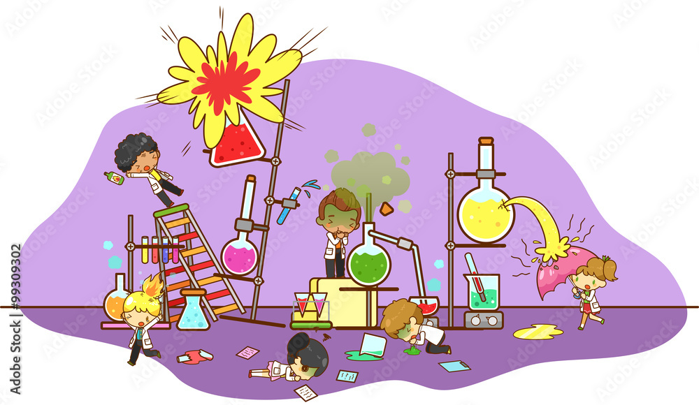 Accident while kid scientists experimenting science chemistry