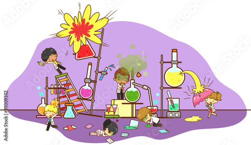 Accident while kid scientists experimenting science chemistry laboratory with refinery explode and toxic gas acid leakage creating dangerous environment in isolated (cartoon vector)