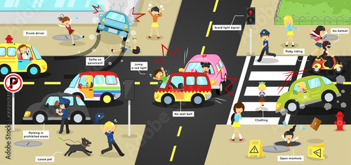 Infographic accidents and safety on traffic road vehicles cars bicycle and  careless people on city street with sign and symbol in cute funny cartoon  concept for kids(vector) Stock Vector | Adobe Stock