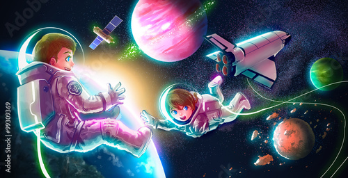 Cartoon astronaut couple boy girl flying in space for universe exploration and adventure with space shuttle satellite earth planet and stars in the background for children education concept
